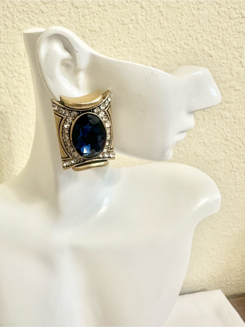 Vintage Inspired Gold Plated Earrings w/ Deep Blue Oval Crystal & Clear Accents